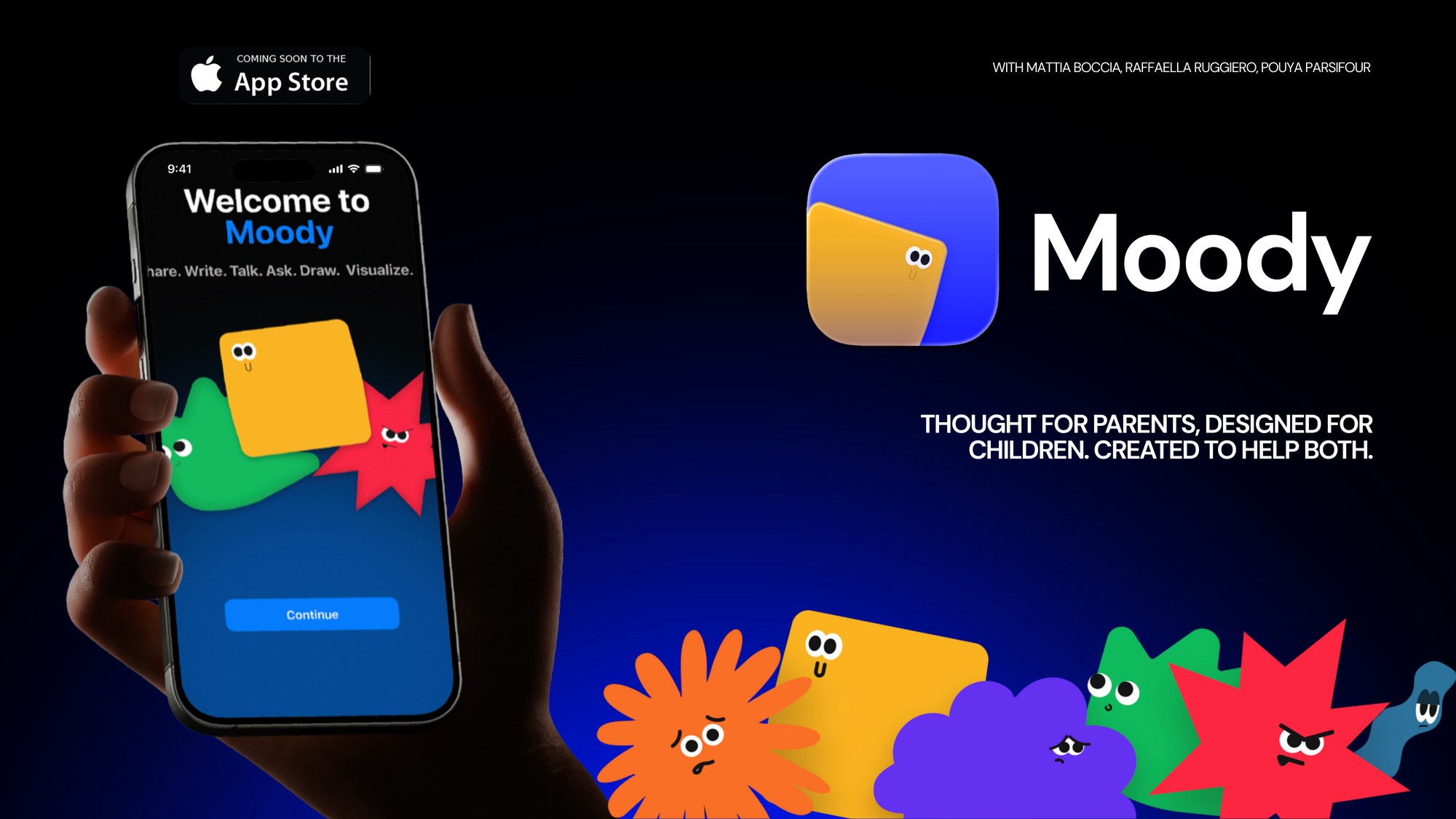 Moody app poster, phone in hand showing onboarding screen