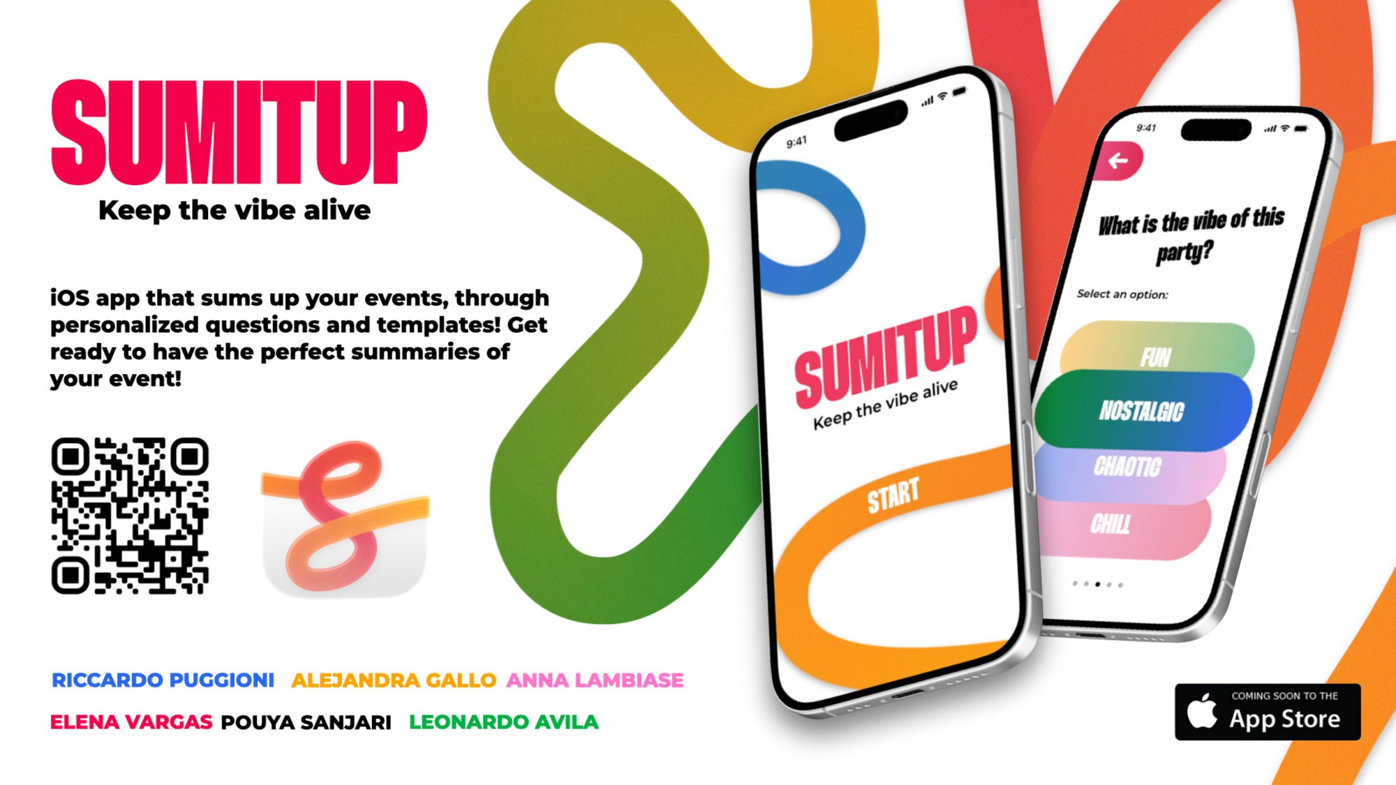 SumitUp app poster with phone mockups, QR code and app icon